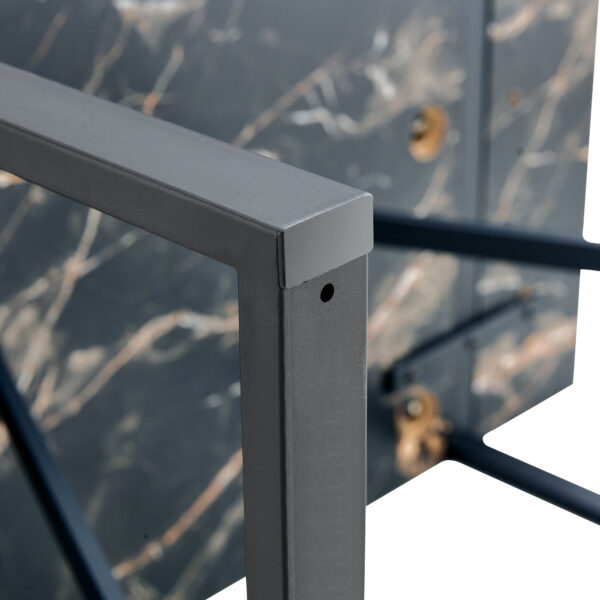 d5185b7d6ee044f6af76a90ab2b61603_1325baf77dc2ab7816189a72e7433a50 Table and chair set.Modern Black Marble Pattern MDF Dining Set - 55"x31.4"with 4 Light Gray PU chairs with a vertical stripe design on the backrest.Suitable for kitchen,Dining room,etc