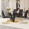 Table and chair set.Luxurious Tempered Glass Dining Set - 63"x35.4" with 4 Comfortable Black PU Chairs With Golden Arched Metal Legs .V-Shaped Support Design Table Leg.
