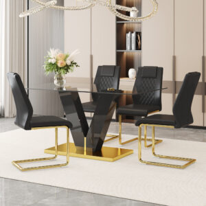 Table and chair set.Luxurious Tempered Glass Dining Set - 63"x35.4" with 4 Comfortable Black PU Chairs With Golden Arched Metal Legs .V-Shaped Support Design Table Leg.