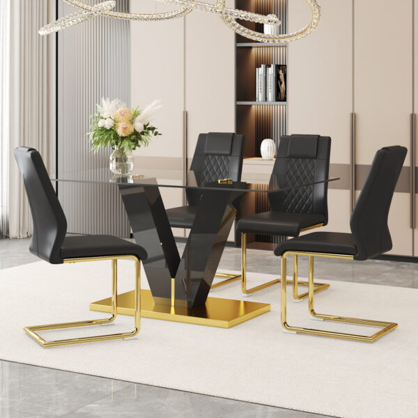 d520d57b87cd4e1d86814a4a402b9a1f_411750734114ce1f485d12a98b8080c5 Table and chair set.Luxurious Tempered Glass Dining Set - 63"x35.4" with 4 Comfortable Black PU Chairs With Golden Arched Metal Legs .V-Shaped Support Design Table Leg.