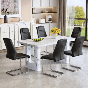 Table and chair set.64.5 x 35.4 Inch Stylish White Marble Textured Dining Table,Perfectly Blending Simplicity And Transparency.Paried With 6 Black High-quality PU Chairs With Silver Arched Metal Legs.