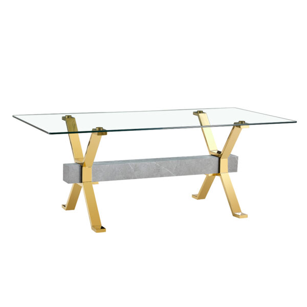 d54b00aa0dda45bc8f610a7a050b759e_20230821_48f5257a8cecd7d329dfb2c90f13589c Dining table. Modern tempered glass dining table. Large modern office desk with gold plated metal legs and MDF crossbars, suitable for both home and office use. Kitchen. 79 ''x39''x30 '' 1105