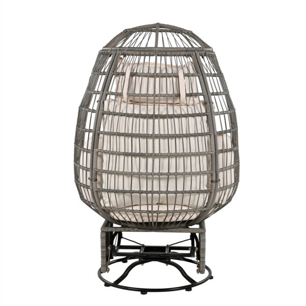 TREXM Outdoor Swivel Chair with Cushions, Rattan Egg Patio Chair with Rocking Function for Balcony, Poolside and Garden (Grey Wicker + Beige Cushion)