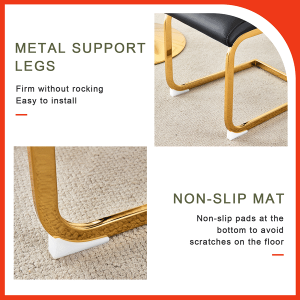 d5642472d8dc431c9e3d6b2f8e350a76_a8d3f92e5f5836a293919a37498bb4a0 Table and chair set.Subtle Luxury Tempered Glass Dining Set - 63"x35.4" with 4 Black PU Material High Resilience Dining Chairs.Arched Metal Gold Leg.White imitation marble texture sticker Tabletop.
