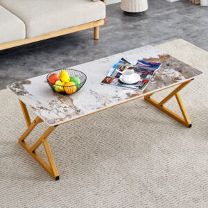 A coffee table is made of rock slab material, with a natural and smooth marble pattern on the surface, which complements the modern design of the golden metal legs and adds a touch of fashion.47*23.6