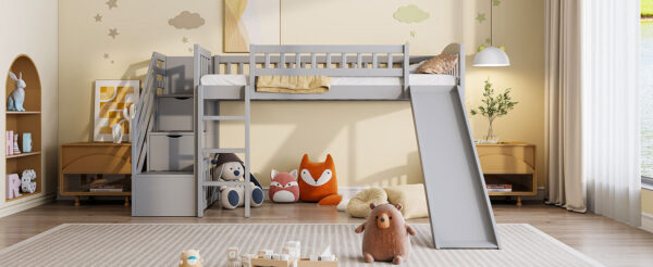 Stairway Twin Size Loft Bed with Two Drawers and Slide,Gray(OLD SKU:LT000515AAE)