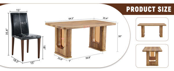 d593630d266944afb5ed48e310fbba4d_def50dcbfde0d1ec764f5958238943c8 Table and chair set.64.5 x 35.4 Inch Stylish Wood Color Textured Dining Table.Perfectly Blending Simplicity And Transparency.Paried With 4 Black PU Dining Chairs with Walnut Color Metal Leg.