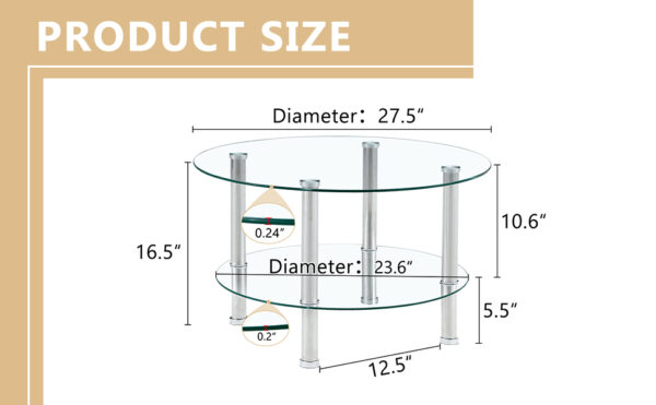 d5b0dfa5270341629b7d658054e0d3e2_cc62f8055be37260c40d484c25457f96 Contemporary Minimalist Double Layer Tempered Glass Coffee Table - 27.5" Top and 23.6" Bottom.Reinforced Glass Tabletop,Stainless Steel Silver Plated Legs.