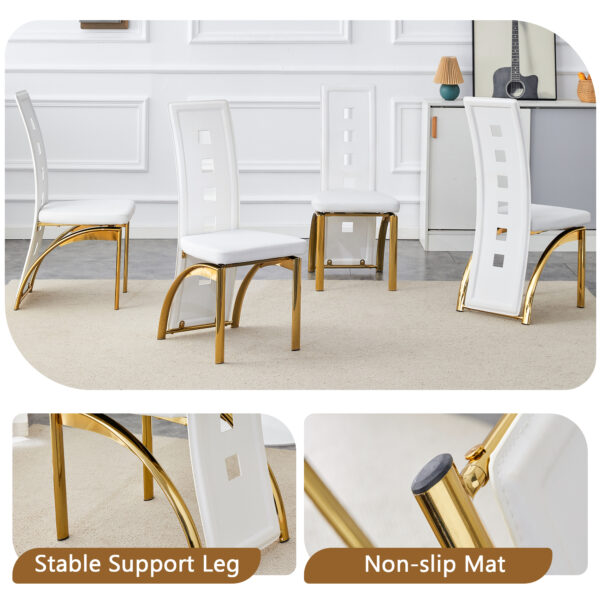 d5c2a854a83e46918272f3865f37a564_9aa8f0ba9de02079311db4e85fdf355c Table and chair set.63"*35.4" White Imitation Marble Pattern MDF Dining Table Set - 4 PU Chair With White Saddleback, Geometric Pattern Backrest,Golden Curved Metal Leg.Suitable For Various Scenes.