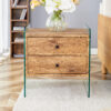 Double-drawer bedside table. The board surface is MDF sticker, and both sides are transparent tempered glass. The design is simple and elegant, with excellent storage functions.