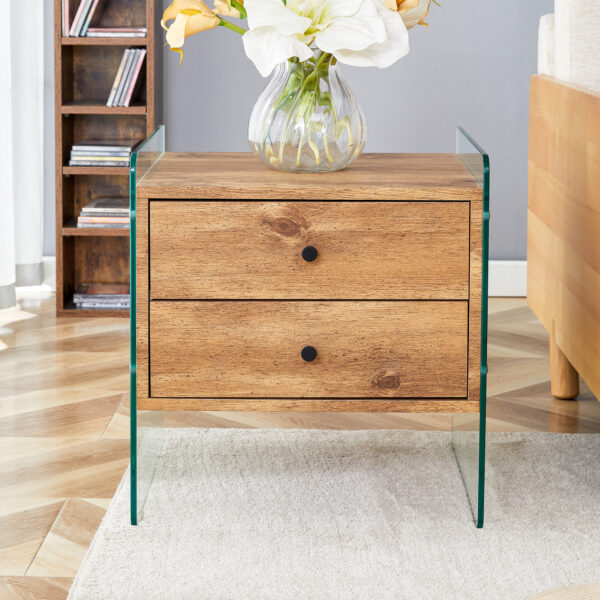 d5c79fcbd2f74ed28088af37d18c80ae_032ef301a85c4d76440356f311e46dd6 Double-drawer bedside table. The board surface is MDF sticker, and both sides are transparent tempered glass. The design is simple and elegant, with excellent storage functions.