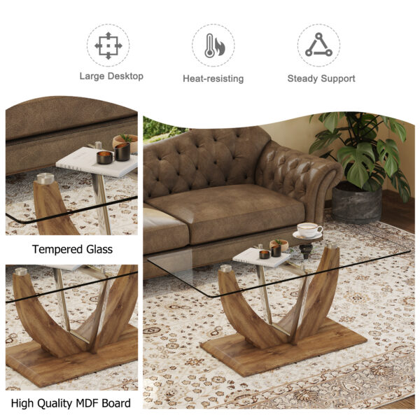 d5ca9ecce70d4001994276efb4a2d255_20240321_951dc89fb0c61e96f3f7ba6f980667fa Modern minimalist transparent tempered glass coffee table with wooden MDF legs and stainless steel decorative columns. Computer desk. Game table. CT-907