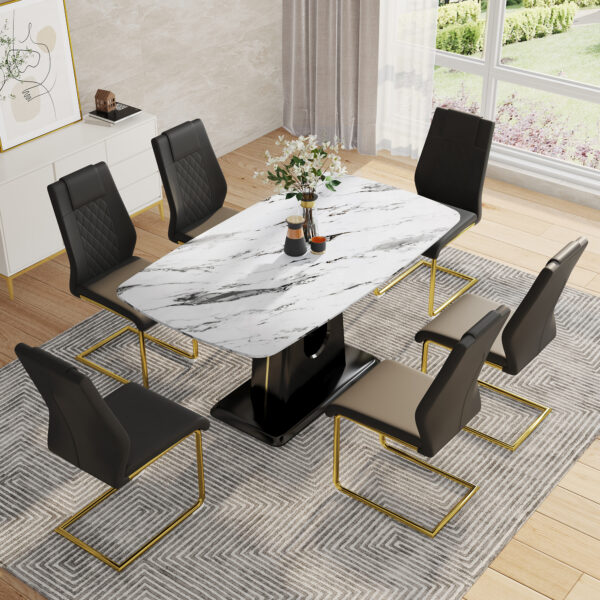 Table and chair set, modern and minimalist dining table, imitation marble patterned tabletop, MDF legs with U-shaped brackets. Paired with comfortable chairs, suitable for dining and living rooms.