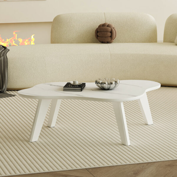 d5cfd602c61f407f83db12a51f6ca250_82a2c851cfd1e210743d3b09529ce815 Modern minimalist white imitation marble tabletop coffee table. Solid wood spray painted desk legs, cloud shape to give you a new experience, computer desk. Suitable for dining and living rooms.