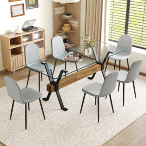 Table and chair set.79"x31.5" with X-shaped Black Metal Table Legs,Wood Grain Textured MDF Crossbeam.Paired With 6 Chairs Made Of Light Gray Lnen Fabric.Iron pipe spraying Legs.