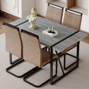 Table and chair set. Modern minimalist grey marble textured MDF dining table with metal frame.Paired with 4 brown technology fabric chairs with Featuring arched black legs.