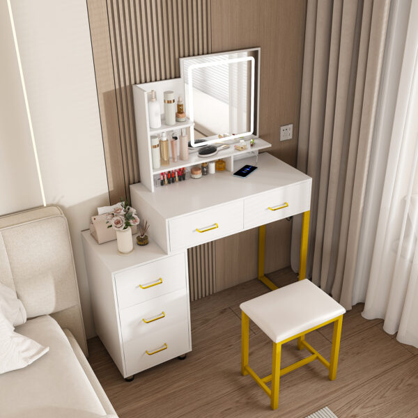 d611f8ba9a22411ba6dee4ba5a6d226b_1d71ccda69b0c0b1d627aab0f20f536a Makeup Vanity with LED Lights&3 Color and Power Outlet Makeup Vanity Table with 5 Drawers with Sturdy Metal Leg and Metal Chair Dressing Table for Bedroom Dressing Room (White)