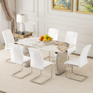 Table and chair set.63*31.4 Inch Pandora Patterned Sintered Stone Dining Table Set - 6 White Chairs With Silver Metal Legs.Modern Light Luxury.Perfect For Dinner Room,Meeting Room,Kitchen,etc.