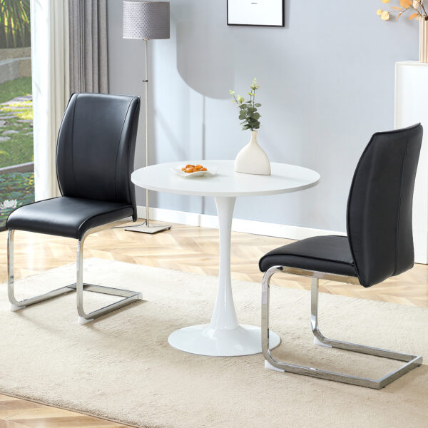 d61ccc2e520f4f1c9c98ca9604dee948_0f4aa896dbd46bc0a490264c4e559ad7 Table and chair set.Hourglass-Shaped Stable Small Round Table -31.9" * 31.9" With 2 Soft and Comfortable Black PU Chair With Arched Metal Silver Leg.Create Your Exclusive Low-Key Luxury Space.