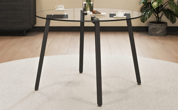 d61e0cefdf514a5fa370d559d4f8f519_20240207_936bedacb77f334dc50a0498a8e3d912 Modern simple style round transparent tempered glass table, tempered glass table top, black metal legs, suitable for kitchen, dining room and living room, 40 "*40" *29.5 "1123r