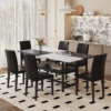 Table and chair set.71*35.4 inch White And Black Spliced Dining Table With Storage Function In The Middle Of The Table Legs.Paired With 6 Black PU Dining Chairs, Simple And Versatile.