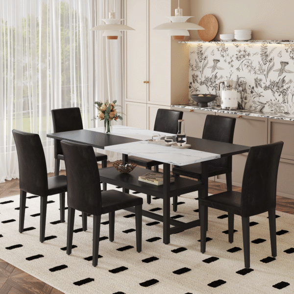 d6297e9518c54a579cb8e86a5603df9f_3c2a5d11a87ea58683b60cbb16b43fb1 Table and chair set.71*35.4 inch White And Black Spliced Dining Table With Storage Function In The Middle Of The Table Legs.Paired With 6 Black PU Dining Chairs, Simple And Versatile.