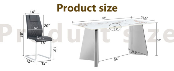d62e4d3fd9d84fcba1c3da8fc52aef12_a01b6bd2634c885749de12ddb7b4d6c4 Table and chair set.63*31.4 Inch Luxurious Cold Jade Sintered Stone Dining Table Set - 6 Black High-quality PU Chairs With Arched Silver Metal Legs.Perfect For Dinner Room,Meeting Room,Kitchen,etc.