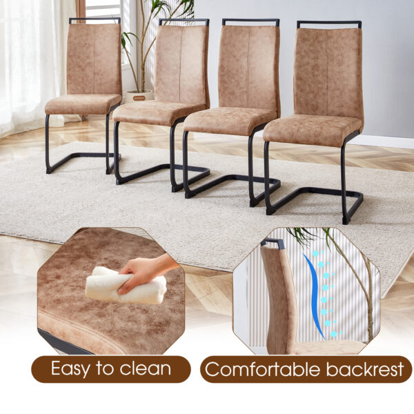 Table and chair set.A retro rectangular dining table with fishbone patterned MDF desktop and black metal legs.Paired With 6 Brown technology fabric chairs with Featuring arched black legs.