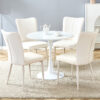 Table and chair set.Hourglass-Shaped Stable Small Round Table -31.9" * 31.9" with 4 Cream-Style dining chairs with a vertical line design on backrest.Adding a warm atmosphere to your family.