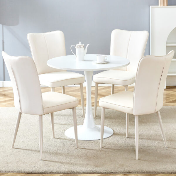 d64f67fa088c4c9c97bb1ba806bd1e17_ddfcd20c47eef50dfa47889d3f2af6a1 Table and chair set.Hourglass-Shaped Stable Small Round Table -31.9" * 31.9" with 4 Cream-Style dining chairs with a vertical line design on backrest.Adding a warm atmosphere to your family.