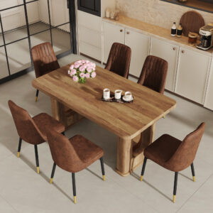 Table and chair set.64.5 x 35.4 Inch Stylish Wood Color Textured Dining Table.Paried With 6 BrownTechnology-Fabric Dining Chairs.Suitable for kitchen,Dining room,etc.