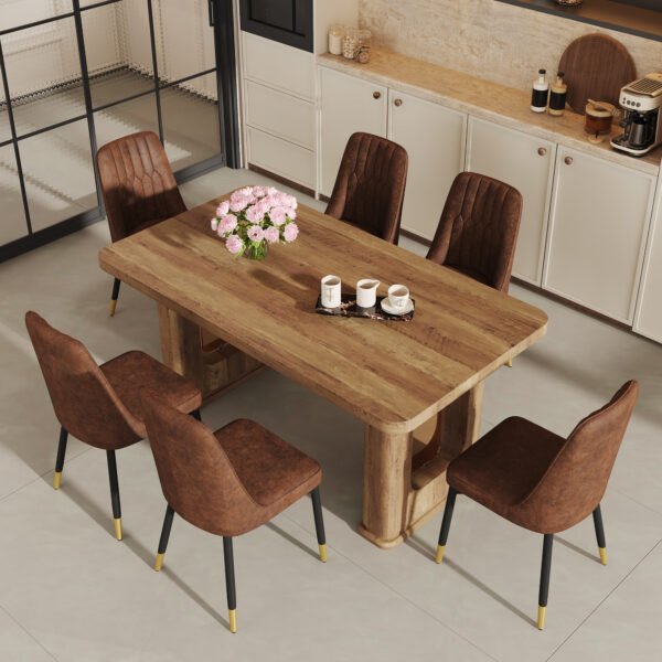 d663e79541e4467ebcbe58d9f57ff7b5_dbfcae96dda0bf6cef84cf0fa7613a98 Table and chair set.64.5 x 35.4 Inch Stylish Wood Color Textured Dining Table.Paried With 6 BrownTechnology-Fabric Dining Chairs.Suitable for kitchen,Dining room,etc.