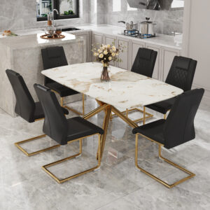 Table and chair set, large modern minimalist rectangular dining table, 0.39-inch imitation marble tabletop and golden metal legs, soft leather seats. F-1537