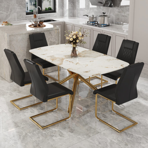 d666ff8212a74942a54316560fc3f1f5_e51ec10bd5208fea39745b0deecd6fd7 Table and chair set, large modern minimalist rectangular dining table, 0.39-inch imitation marble tabletop and golden metal legs, soft leather seats. F-1537