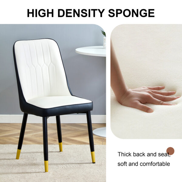 d6821fb5df534d15b49b0911aa3bf76a_3ed80cb61819e19220a05fce83cc14a6 Modern Two-Tone PU Dining Chairs - White and Black spliced chairs With Gold Decorated Legs.White and Black spliced,Black Metal Legs,Set of 4 chairs.