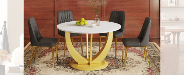d685f7bebe234eee9e1ca0f3f935c01f_427a00927d6e95dc6db9f456447b51e0 Table and chair set.Luxurious Snow Mountain White Slab Round Dining Table Set - 47"x47" with 4 Black PU Chairs with Simple Line Designs On The Backrest .Golden Metal Legs.