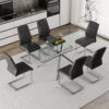 Table and chair set.Modern Luxurious Transparent Tempered Glass Dining Table Set with 6 Chairs.Single fork silver metal table legs.Black high-quality PU dining chairs with silver metal legs.