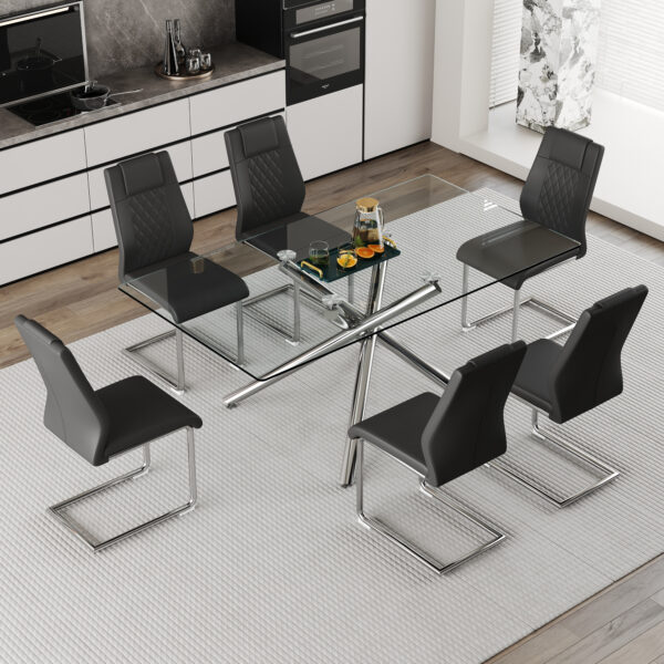 d68bdb86877a464d95a90fe12d8a2660_5eaafe5f3922901505be5a97d465eac2 Table and chair set.Modern Luxurious Transparent Tempered Glass Dining Table Set with 6 Chairs.Single fork silver metal table legs.Black high-quality PU dining chairs with silver metal legs.