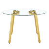 Modern Luxurious Round Tempered Glass Dining Table with Gold 7-Shaped Metal Legs,suitable for family meals, office conferences, or as a casual coffee table for various occasions.47.3*47.3*29.5