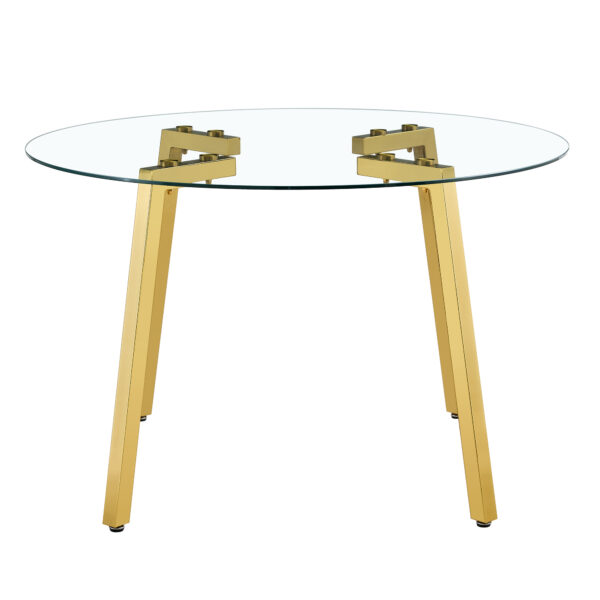 d69872c5319e45258acd4947cd4c7b9f_1bcb17de0b18655bad861f4924821500 Modern Luxurious Round Tempered Glass Dining Table with Gold 7-Shaped Metal Legs,suitable for family meals, office conferences, or as a casual coffee table for various occasions.47.3*47.3*29.5
