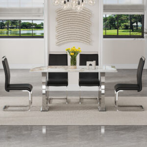 Table and chair set.63*31.4 Inch Pandora Patterned Sintered Stone Dining Table Set - 4 Black PU Chairs With Silver Metal Legs.Modern Light Luxury.Perfect For Dinner Room,Meeting Room,Kitchen,etc.