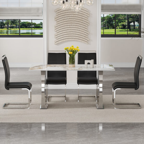 d6c00d71ec50480fb474675d98f92600_1bebaa665d9ad9751d7af0c5d0f624af Table and chair set.63*31.4 Inch Pandora Patterned Sintered Stone Dining Table Set - 4 Black PU Chairs With Silver Metal Legs.Modern Light Luxury.Perfect For Dinner Room,Meeting Room,Kitchen,etc.