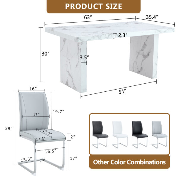 d6f52921a49a46369162e01d9739d831_9515763ff90dd78599451ec2d96e1642 Table and chair set.63"*35.4" White Imitation Marble Pattern MDF Dining Table Set - 4 Soft and Comfortable Light Gray PU Chair With Arched Metal Silver Leg.Create Your Exclusive Low-Key Luxury Space.