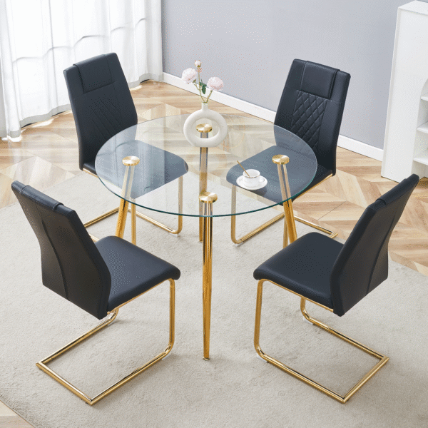 d721be7e43f74b6ca194ac21e8736816_b50266491603fb63bd8d0aaac32498d8 A modern minimalist style round transparent tempered glass table with gold metal legs, paired with 4 modern PU leather high-back dining chairs, bring a luxurious experience.