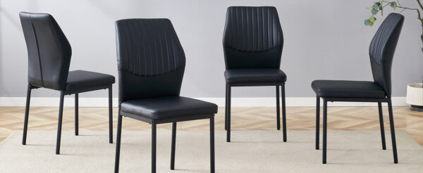d7351abadbe34f848f0d052878c7fed4_d046238e57bf5958e1e72a086d35844c Luxury Simple Chair - Set of 6 BLACK PU Material High Resilience Dining Chair with Metal Black Leg.The Chair Back Has a Vertical Stripe Design With Smooth And Uniform Lines.