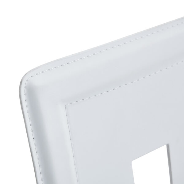 d7375ec34fb647988eef4cc232ea4595_11dc615ba8d10f8ce147332317e81ef7 Table and chair set.63"*35.4" White Imitation Marble Pattern MDF Dining Table Set - 4 PU Chair With White Saddleback, Geometric Pattern Backrest,Silver Curved Metal Leg.Suitable For Various Scenes.