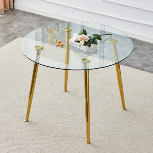 A glass tabletop with a diameter of 40 inches and a modern minimalist circular dining table with electroplated golden metal legs.Suitable for living rooms, and conference rooms.W1151S00375,W1151S02857