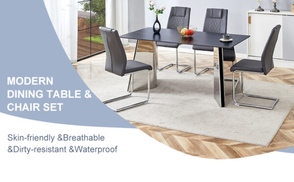 d75fde12e8aa472b8146e08705a5b634_9f7127b0b1782b38ae2bdc388eaba6cb Table and chair set.63"x31.5x30" Black Marble-Patterned Slabs Tabletop with Stainless Steel Butterfly Legs.Paried with 4 Dark gray high-quality PU chairs with silver metal legs.