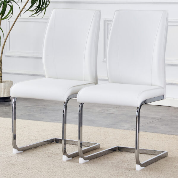 d765de0d9753453aa0621d9ac667b835_a6d35bfab5ab83b45de46fd7b5450b09 Luxury Simple Arch Chair - Set of 2 White PU Material High Resilience Dining Chair with Arched Metal Silver Leg.