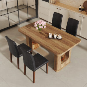 Table and chair set.64.5 x 35.4 Inch Stylish Wood Color Textured Dining Table.Perfectly Blending Simplicity And Transparency.Paried With 4 Black PU Dining Chairs with Walnut Color Metal Leg.